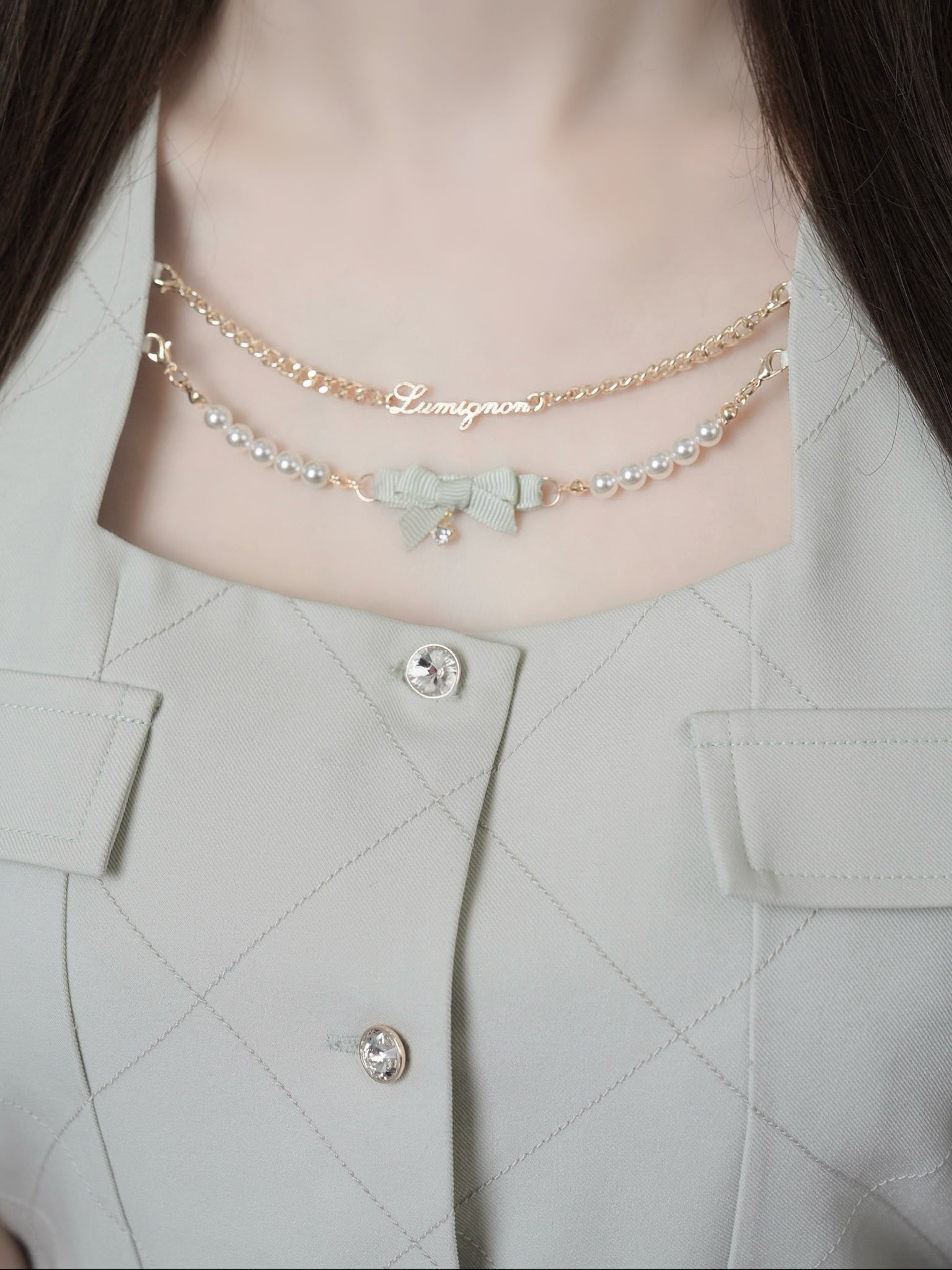 Lumignon original ♥Pearl ribbon chain quilting gilet【ミント