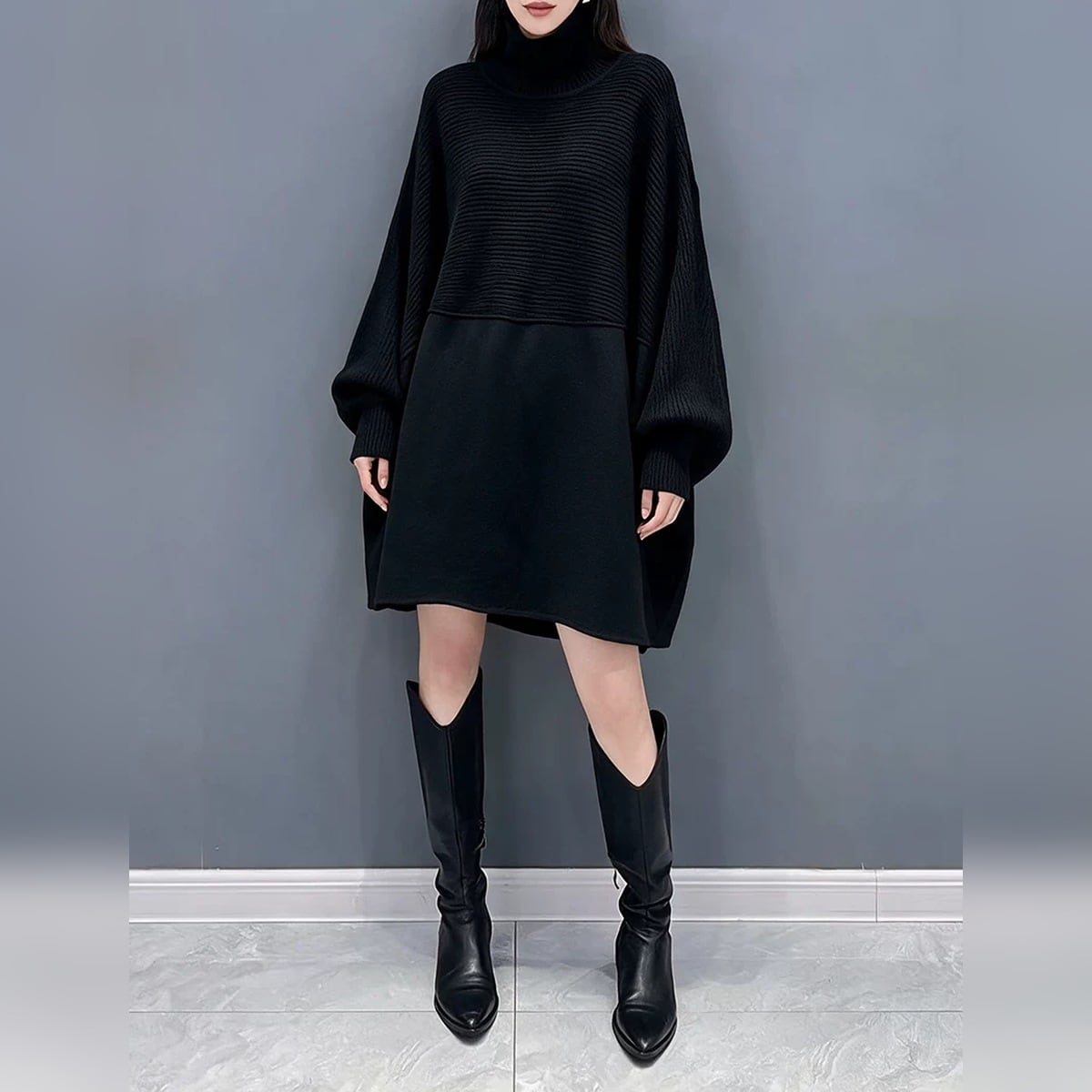ハイネック ケープ風 サテン切替 ニットワンピース 2color ON1106
