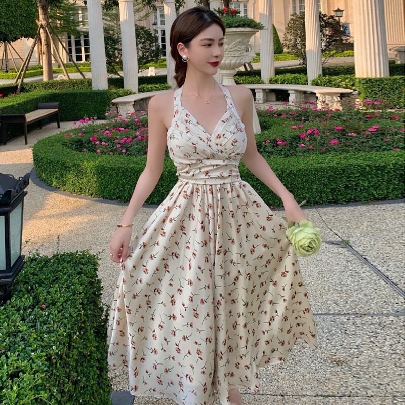 サマースタイルスタンダードVネックフローラルハイウェストウェストドレス レディース レトロ レース 夏物 花柄 レースアップ ピュア ハンチェンe63333250142