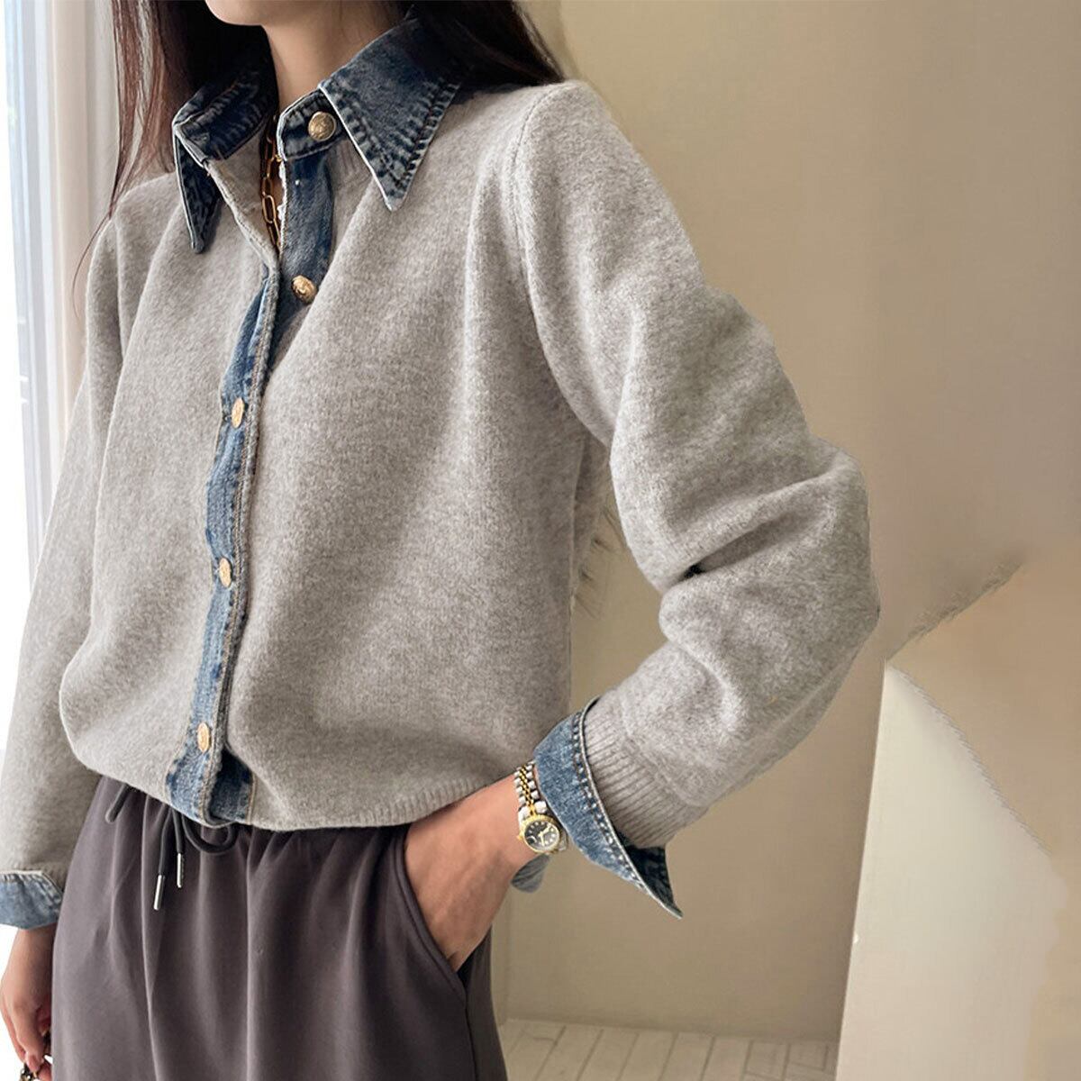 デニム 切り替え ニット カーディガン 長袖 レディース 春秋冬 韓国 きれいめ 大人 カジュアル おしゃれ 重ね着風 トップス 羽織り ドッキングニット 大人可愛い 大人女子