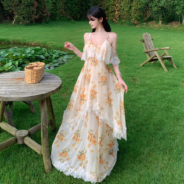 【SummerVacationシリーズ】ワンピース オフショルダー レース 花柄 旅行 S M L