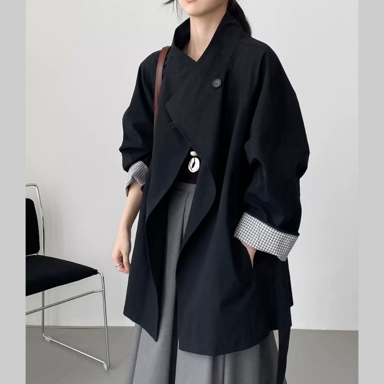 袖口チェック柄スタンドカラートレンチコート 00281・画像4