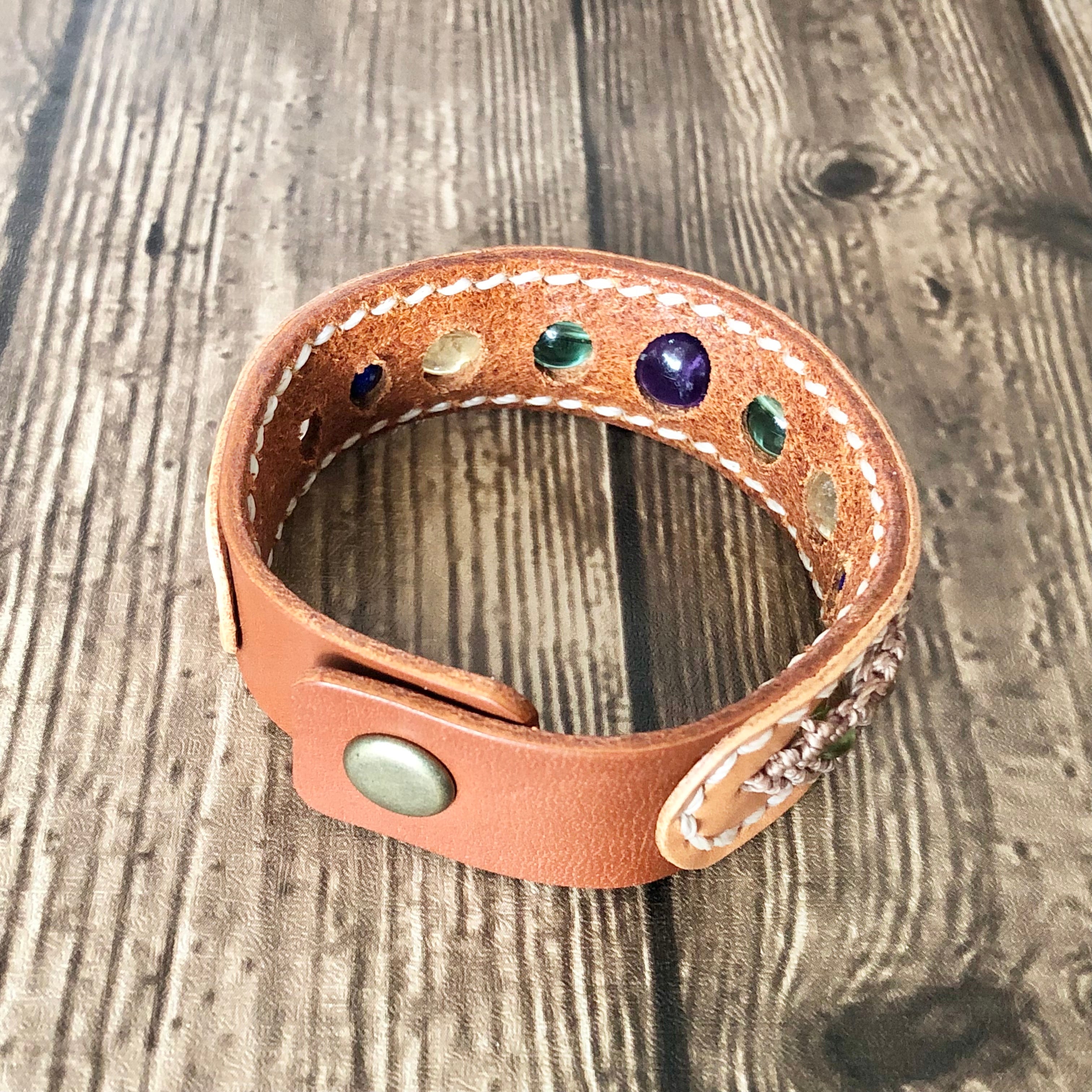 天然石マクラメレザーブレスレット［アメジスト］/レザークラフト