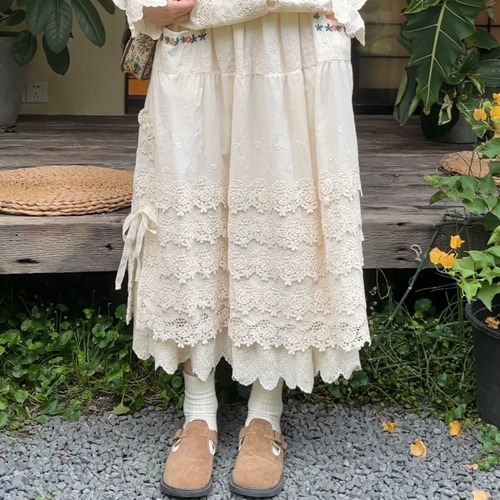 ポケット花刺繍レース切り替えスカート ・12286