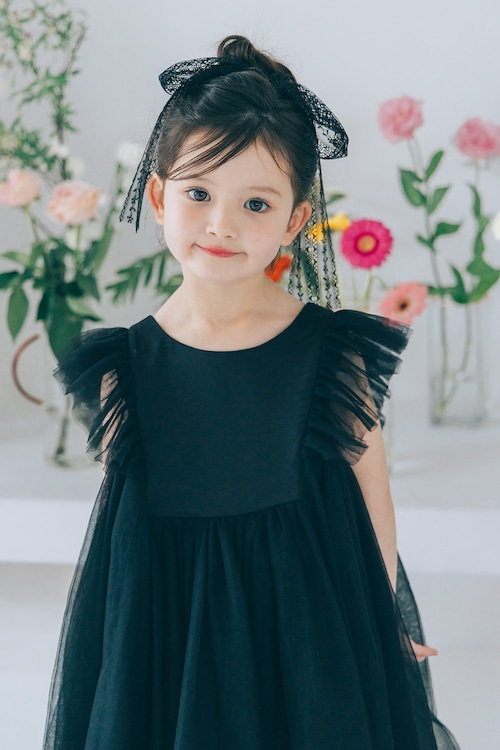 back ribbon tulle dress〈Black〉