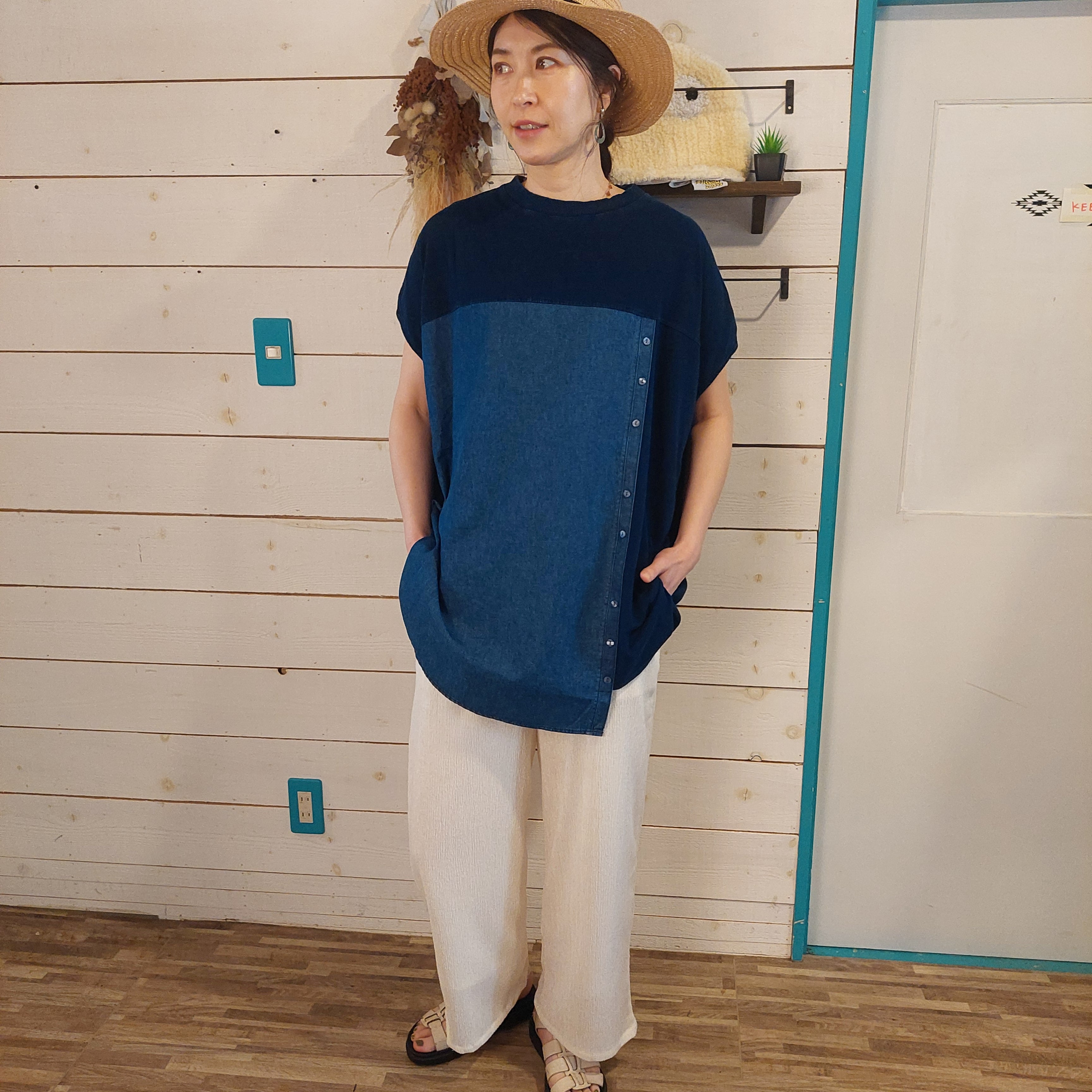 『People's』2799  インディゴ天竺ランダムボタンチュニック　フリーサイズ　