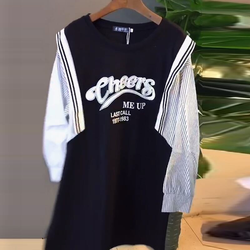 プラスサイズの女性の2020年秋の新しいスタイルの太った姉妹ルーズで薄いシンプルなファッション長袖ストライプカジュアルドレス ミックスインファッション67095340697