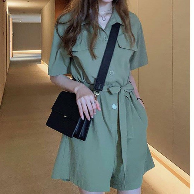 全3色 コンビネゾン セットアップ オールインワン シャツワンピース風 パンツスーツ キュロット ショートパンツ ショート丈 半袖 無地 デート お出かけ カジュアル シンプル Like Fashion プラス