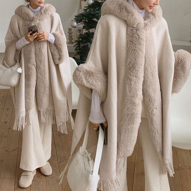 【予約販売】フリース厚手 ショールケープコート カーディガン レディース アウター ファー トリミング フード フリンジ 可愛い オシャレ