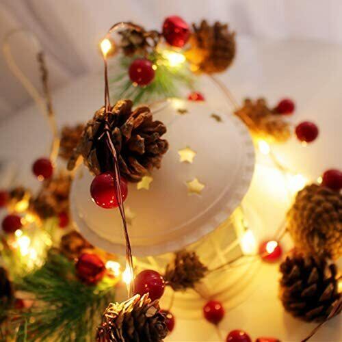 クリスマス お正月 飾り LED ライト 松 松ぼっくり サンキライ 赤い実 ヒイラギ 星 star Xmas 装飾 イルミネーション デコレーション  2m 20灯 shop Amalet