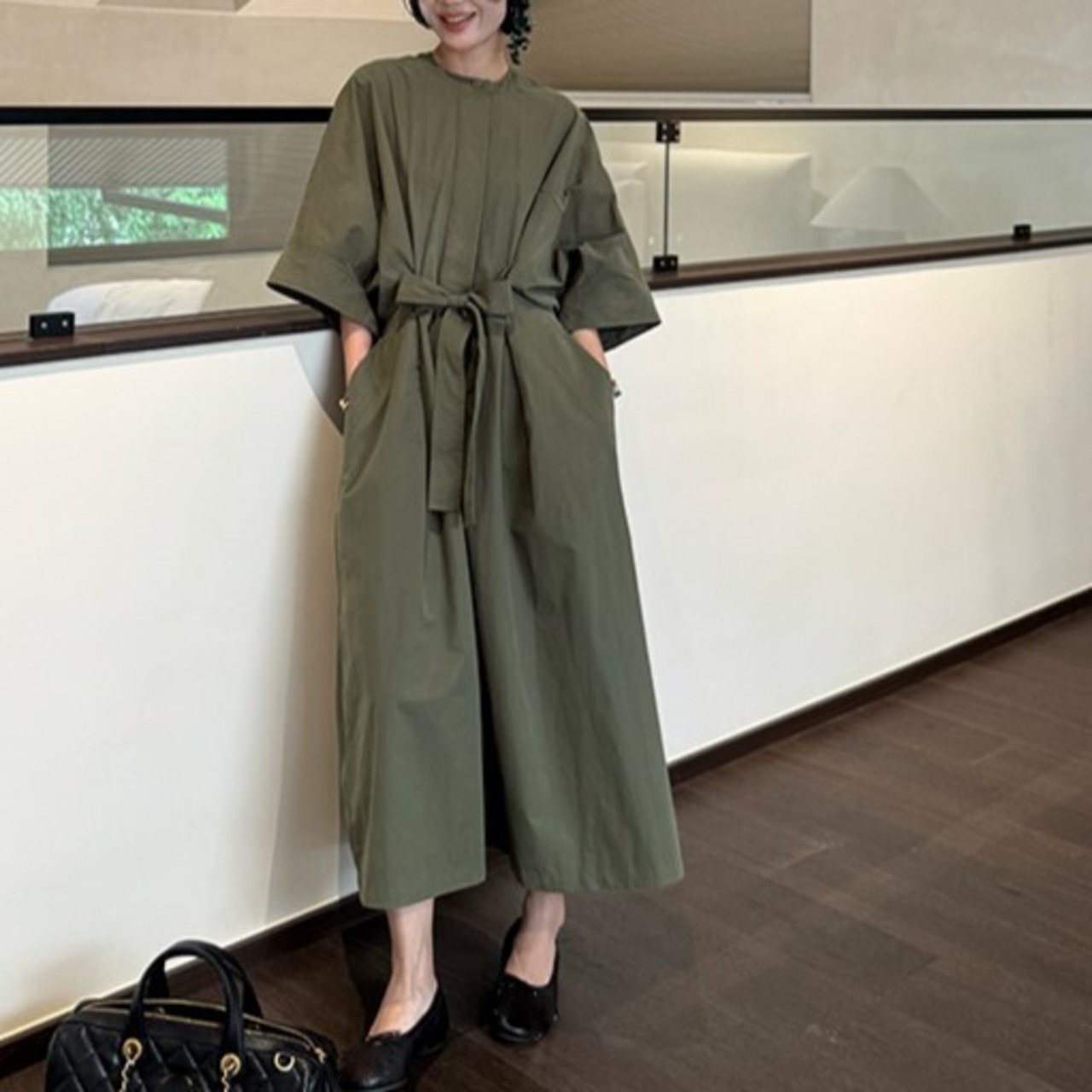 リボンベルト付きグリーンAラインワンピース W01352