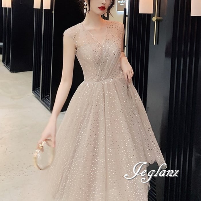 パーティ ドレス ワンピース キラキラ 光沢 V開き ノースリーブ ロング丈 (M0877)ζ