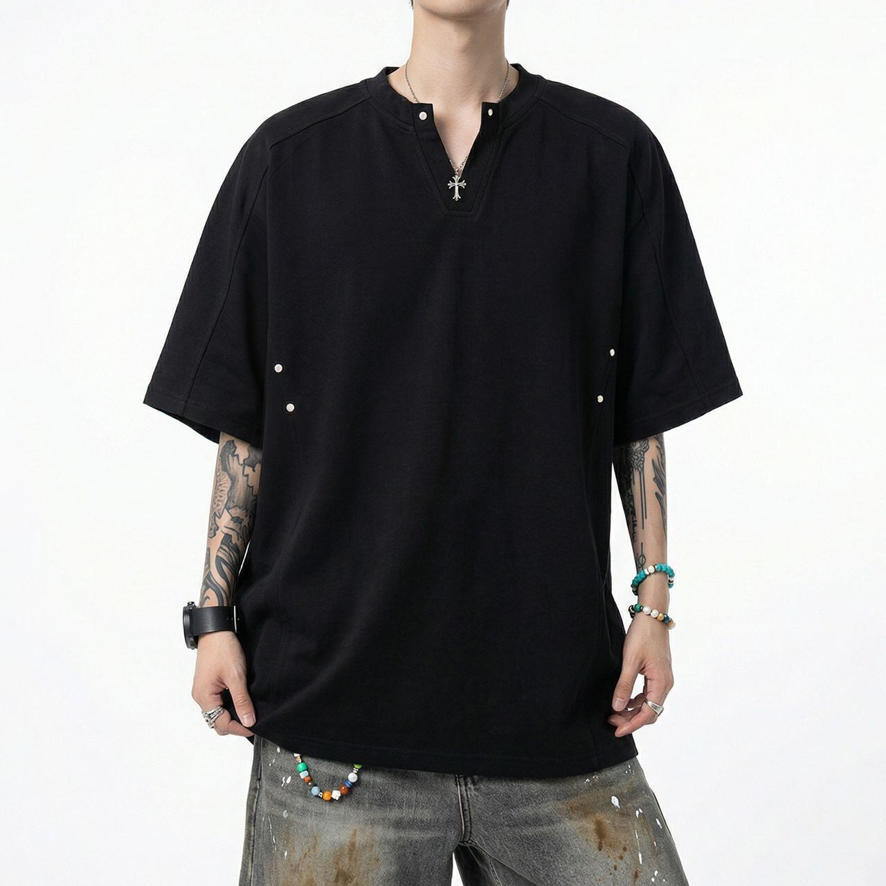Studded V-neck short-sleeve T-shirt(MT1630)