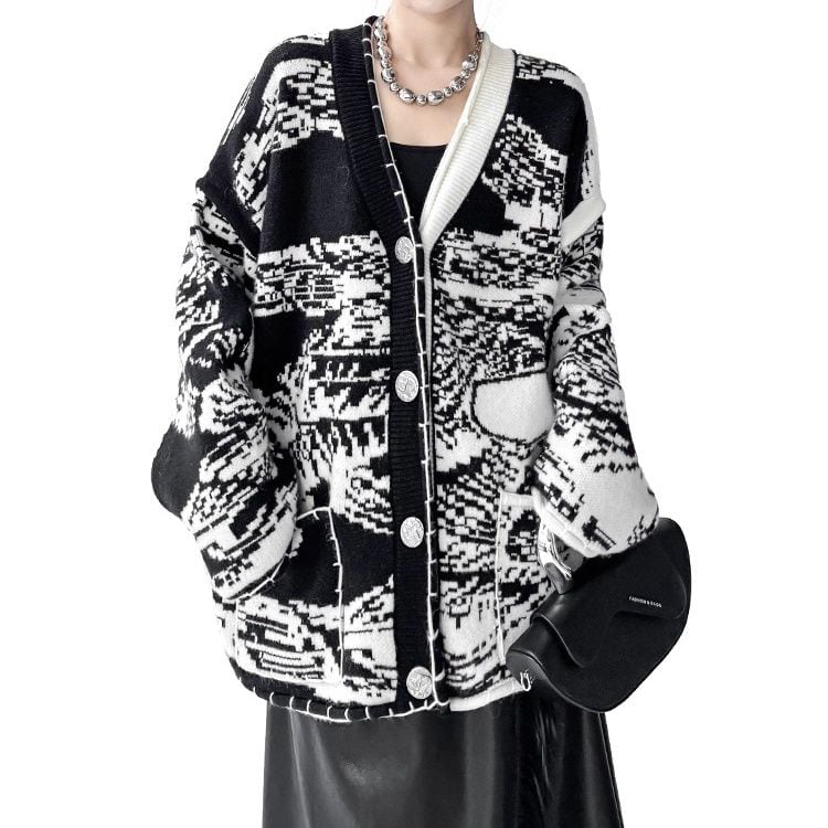 ASYMMETRIC V-NECK OVERSIZED KNIT CARDIGAN 1color M-15339