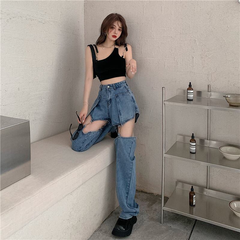 ジーンズ ウェストルーズ薄手パンツ サマーワイドレッグ 夏物 ワイドパンツ ブラックストロベリース4489568592