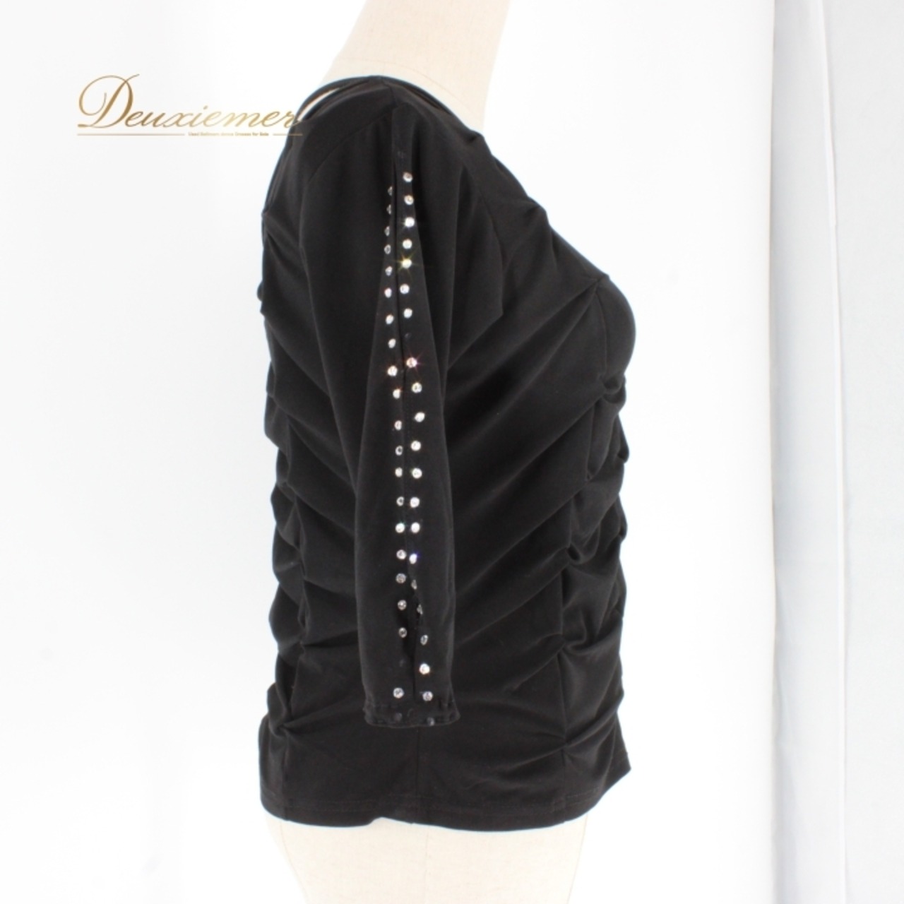 社交ダンス 衣装 スタンダード トップス レッスンウェア レディース Create-Sun クリエイトサン 練習着 ブラック系 黒 ラインストーン 無地 伸縮性 フィット感 シンプル モノトーン おしゃれ アシンメトリー 袖あり スタイリッシュ ダンスウェア 衣装 ブラック トップス レディース用 発表会 練習用 エレガント ステージ衣装