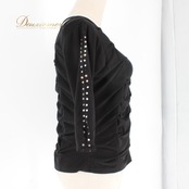 社交ダンス 衣装 スタンダード トップス レッスンウェア レディース Create-Sun クリエイトサン 練習着 ブラック系 黒 ラインストーン 無地 伸縮性 フィット感 シンプル モノトーン おしゃれ アシンメトリー 袖あり スタイリッシュ ダンスウェア 衣装 ブラック トップス レディース用 発表会 練習用 エレガント ステージ衣装