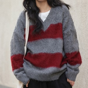 v-neck striped knit pullover　J00360