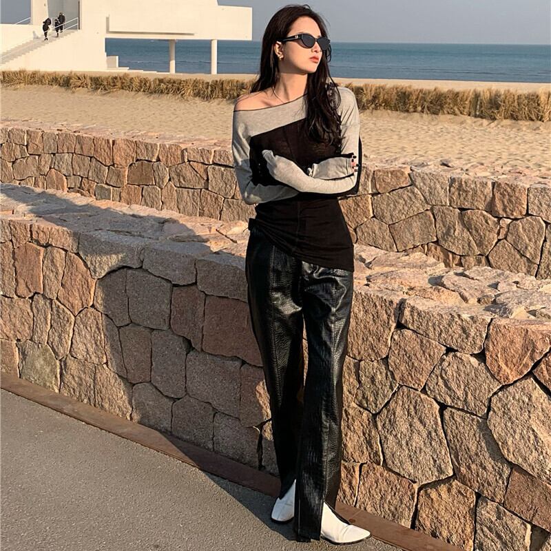 カラースリムTシャツ シャツ オータムレッド ロング 秋物 ガールズファッション38284377766