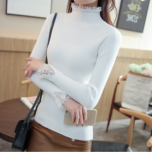 トップス レディース 送料無料 長袖レース 3色 ホワイト ベージュ ブラック サイズ4展開 S M L XL きれいめ レース袖 レース オフィス カジュアル ビジネス デート 通勤 20代 30代 40代 着回し 重ね着 ランチ ディナー お泊り ママ友 ランチ レースポイントハイネック リブニット リブ 長袖 ハイネック 春 秋 冬
