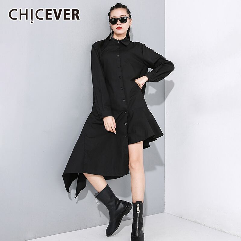 CHICEVERパッチワーク非対称女性ドレスラペル長袖ルーズ特大ブラックストリートウェアドレス2020 ロング 6base571842374065