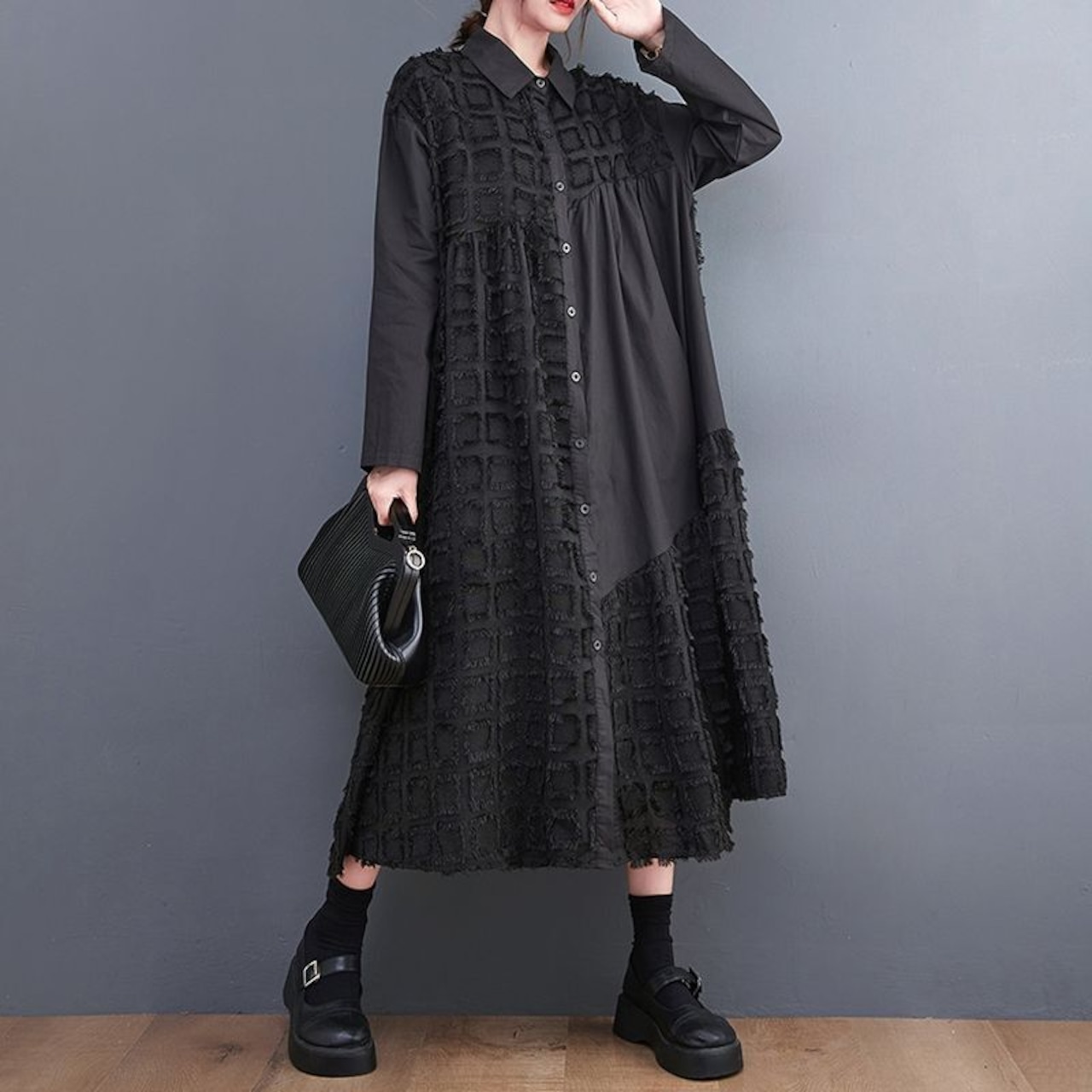 異素材切替 立体テクスチャ ワンピース 00332