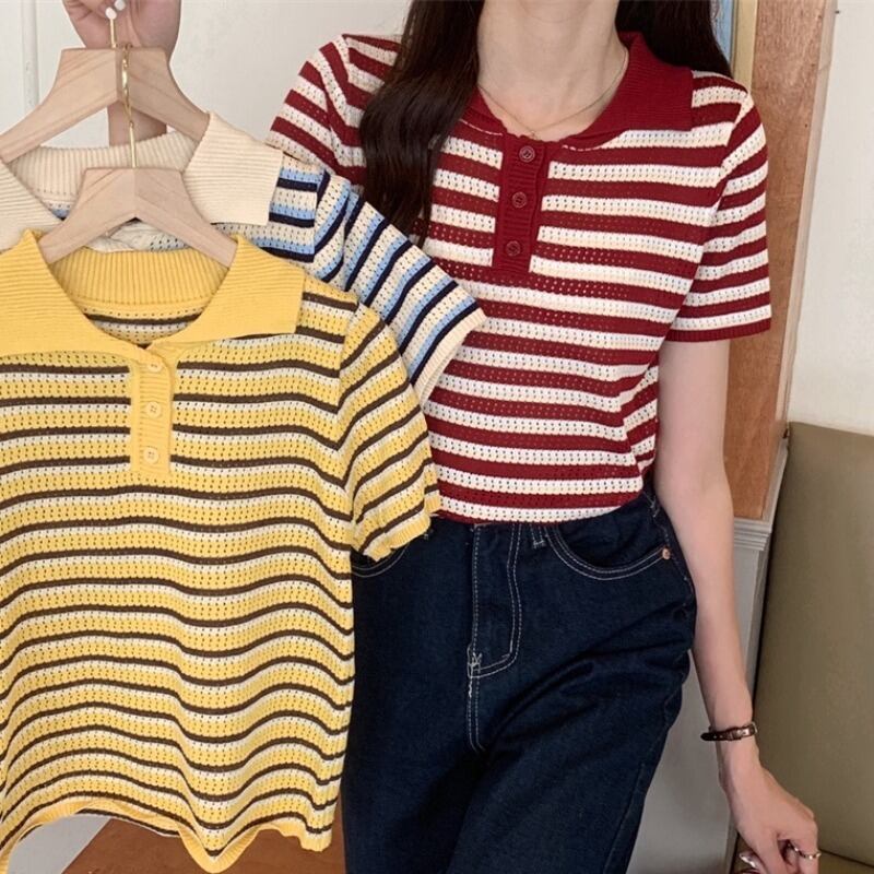 スタイルストライプセーター ルーズカラー半袖スリーブスリムトップス レディース ショート ハーフスリーブ ハンチェンe35121272326
