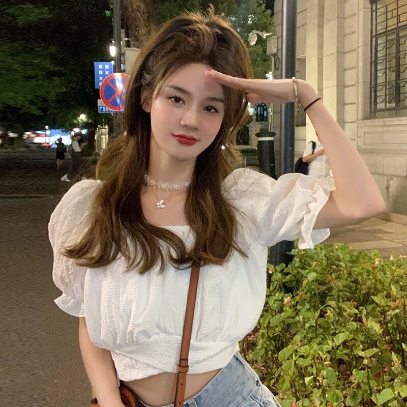 スリーブハイウェストウェストショートトップス サマーホワイト半袖シャツ ハーフスリーブ 大人ガーリー スウィート キュート カジュアル 夏物 試着室70305170654