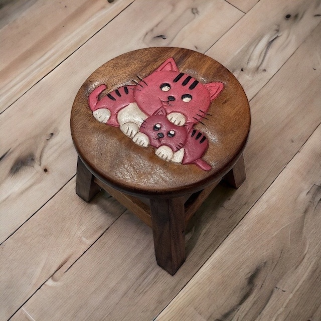 スツール 木製 ピンクの親子ネコ 猫 ねこ 花台 足踏み台 お子様用イス 椅子 丸椅子 チェアー インテリア かわいい stool-pinkunooyakoneko