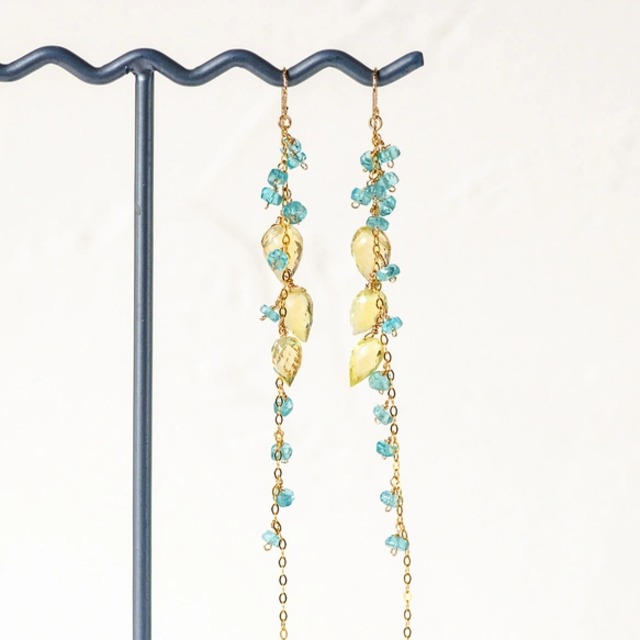 14kgf/レモンクォーツxブルアパタイトロングピアス | mumujewelry