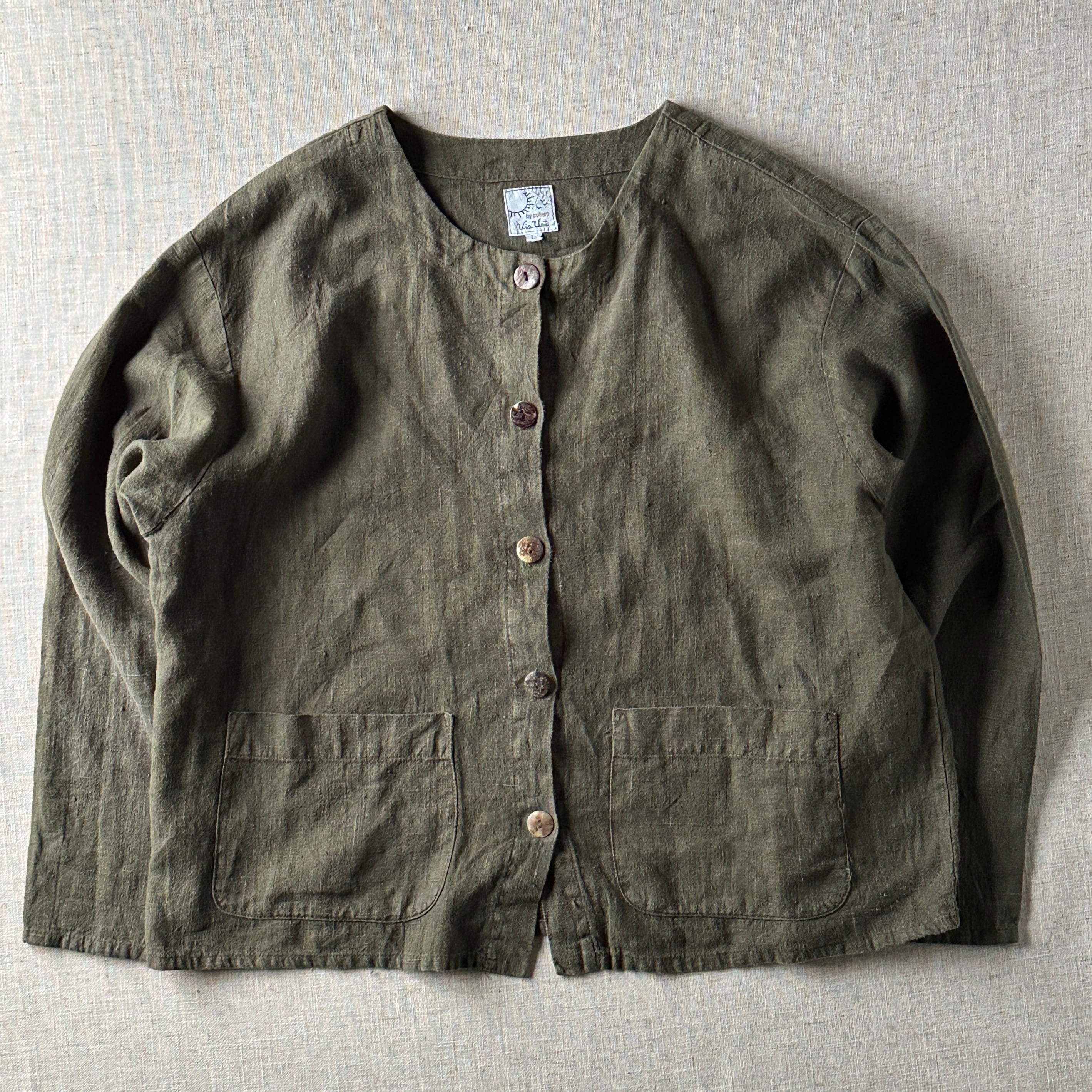 90s Linen Collarless Jacket / Unisex L