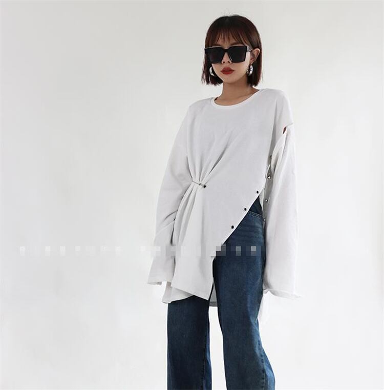 アシメ 変形 スリット タック 長袖 Tシャツ ロンT チェーン アシメ 変形 スリット タック 長袖 Tシャツ ロンT チェーン