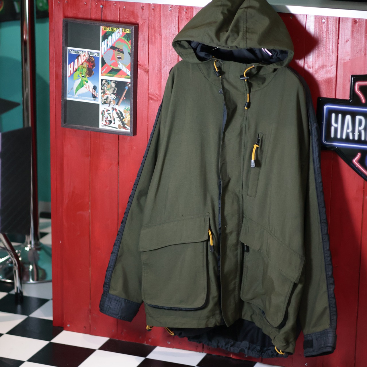 90s OLD GAP マウンテンパーカー カーキ×ブラック ダブルジップ ドローコード M