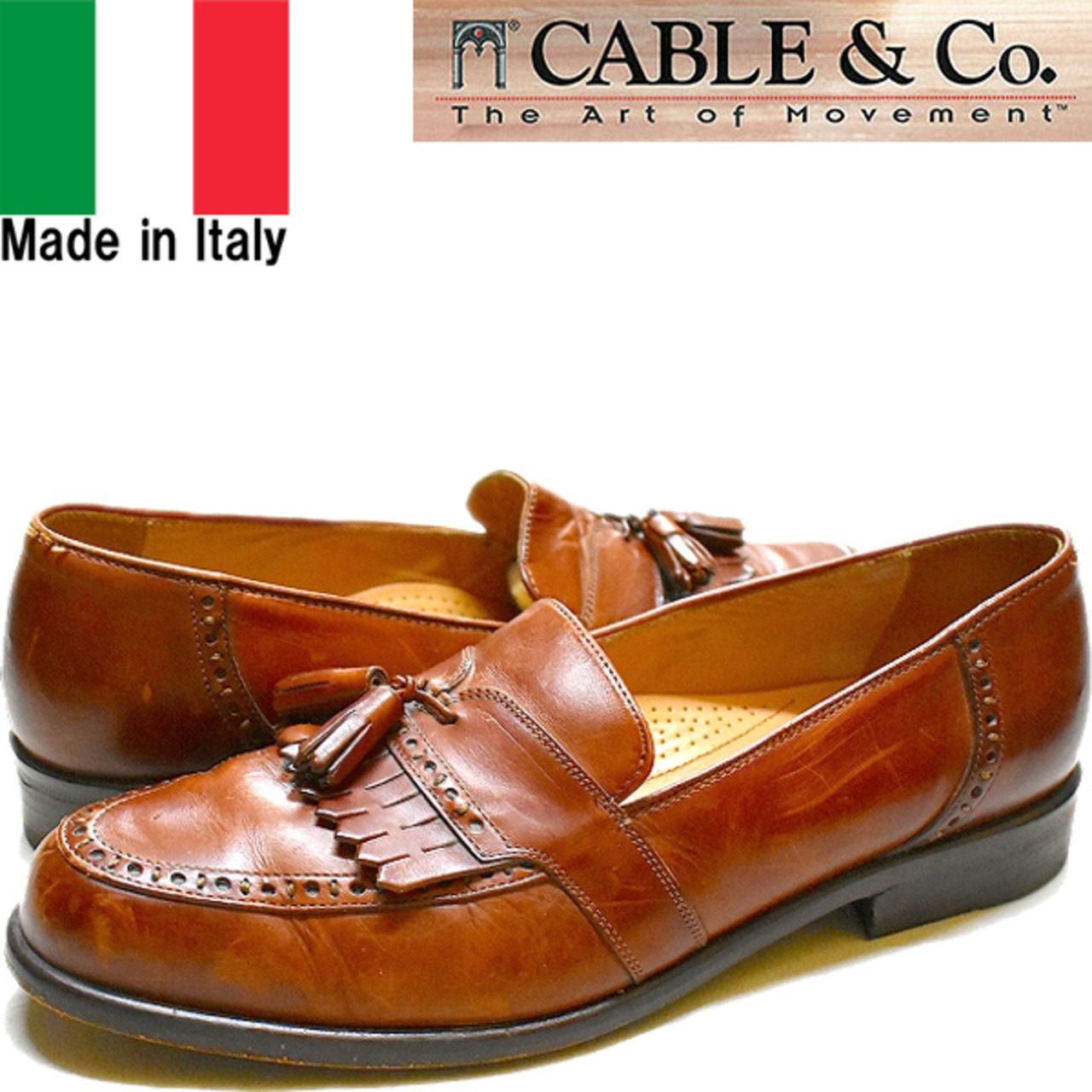 1点物◇イタリア製CABLE茶タッセルローファー革靴レザーシューズ古着 