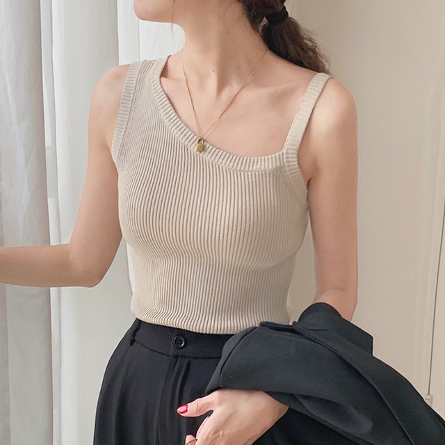 アシンメトリーストラップ リブトップス　11401