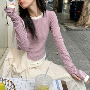 border crew neck cut and sew top J00104