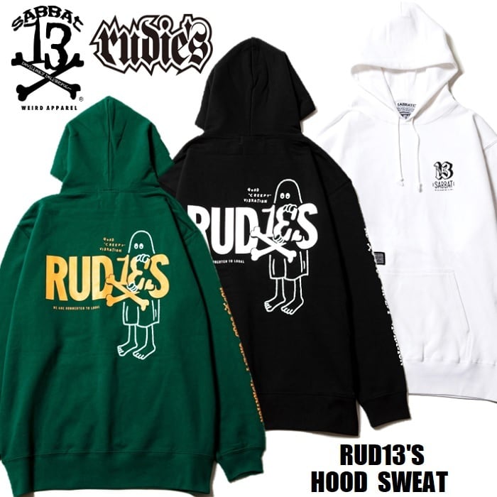 RUDIE'S × SABBAT13 / ルーディーズ × サバトサーティーン「RUD13'S HOOD SWEAT」限定コラボ プルオーバーパーカー  裏パイルスウェット 蓄光 黒白緑 ブラック ホワイト グリーン ゴースト オバケ メンズレディース パンクロック PUNKROCK バンド フェス  ...