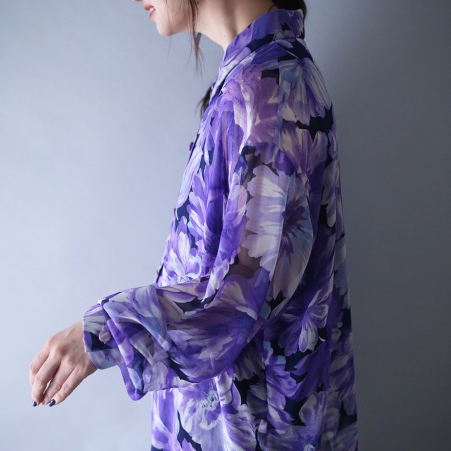 violet beautiful flower art pattern over silhouette see-through shirt