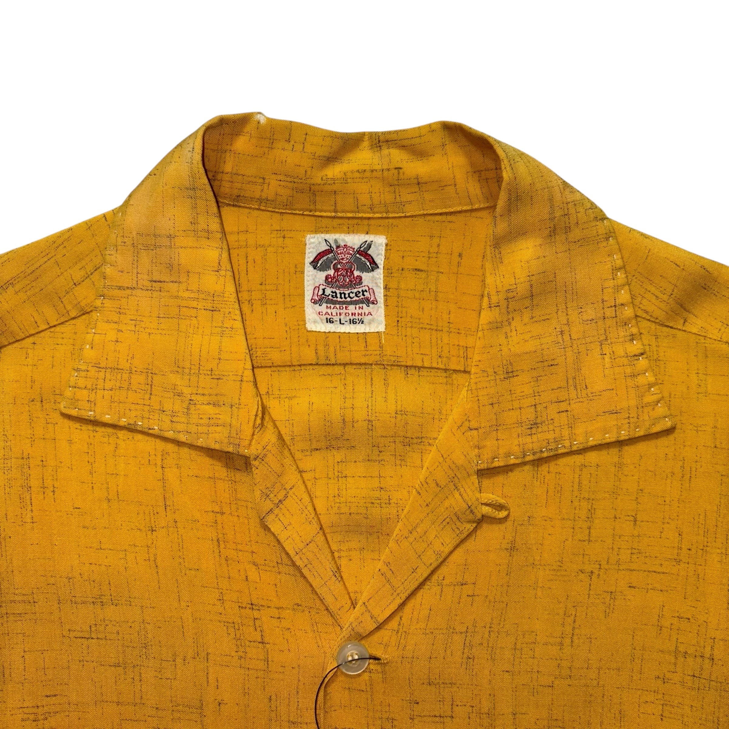 vintage 1950's kasuri pattern mustard color rayon open collar