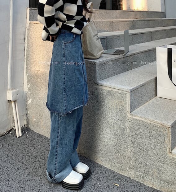 春秋新作 レディース ボトムス ズボン パンツ デニム 重ね着風