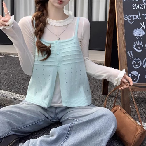 【2点セット】フリルネックシアートップス＋スリットニットキャミ ・75393