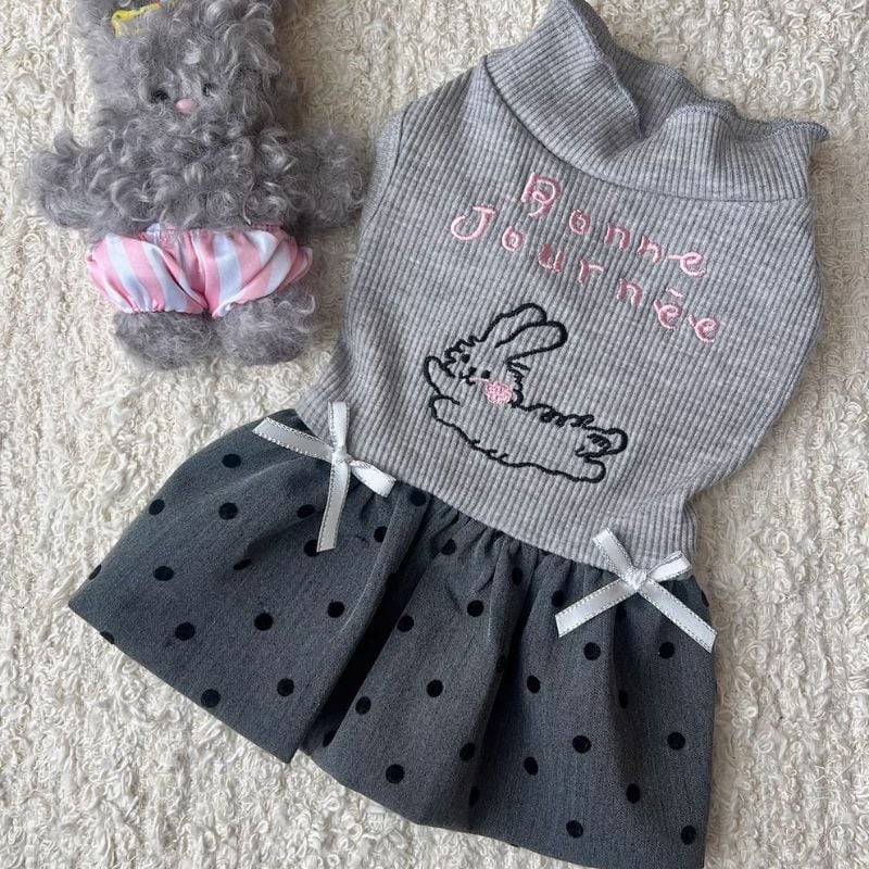 うさぎモチーフ付モノトーンのドッキングワンピース 犬服 00959