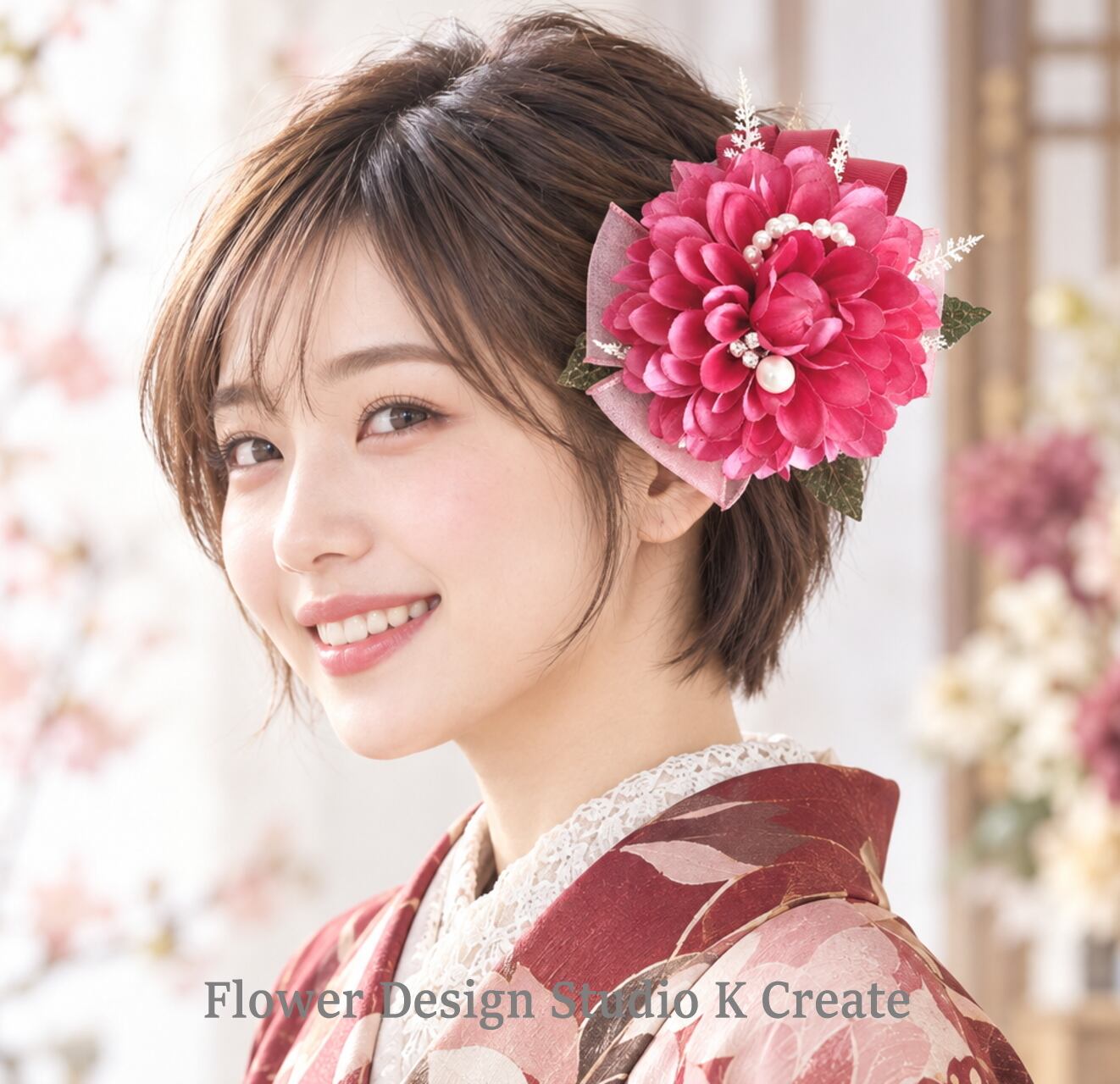 ローズピンクのダリア髪飾り|成人式・卒業式・袴・前撮り|ショートヘア対応 ヘアクリップ