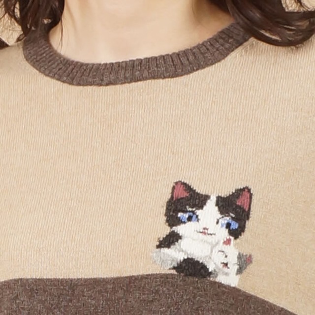 親子猫柄丸首プルオーバー/ カシミヤ100％