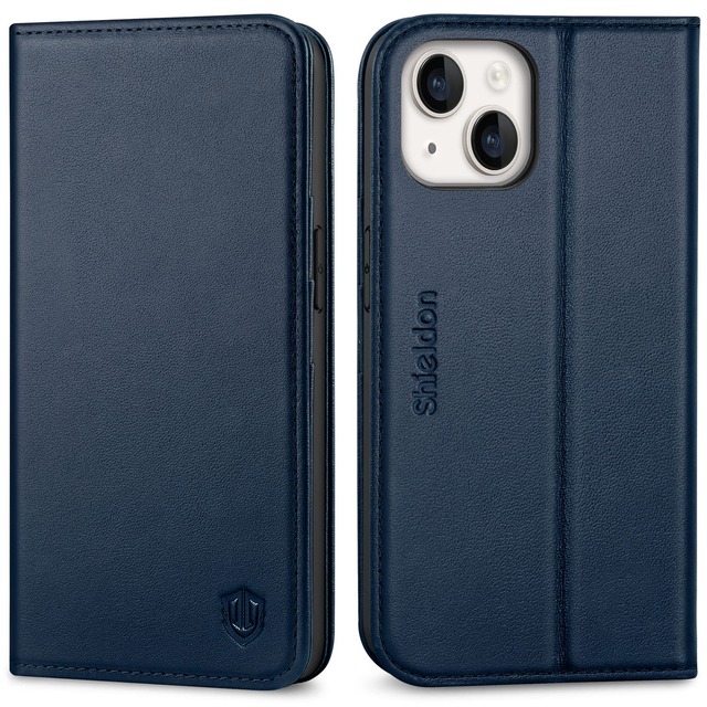 SHIELDON iPhone14対応 手帳型ケース 本革レザー 6.1インチ 2022年発売 5G ネイビーブルー