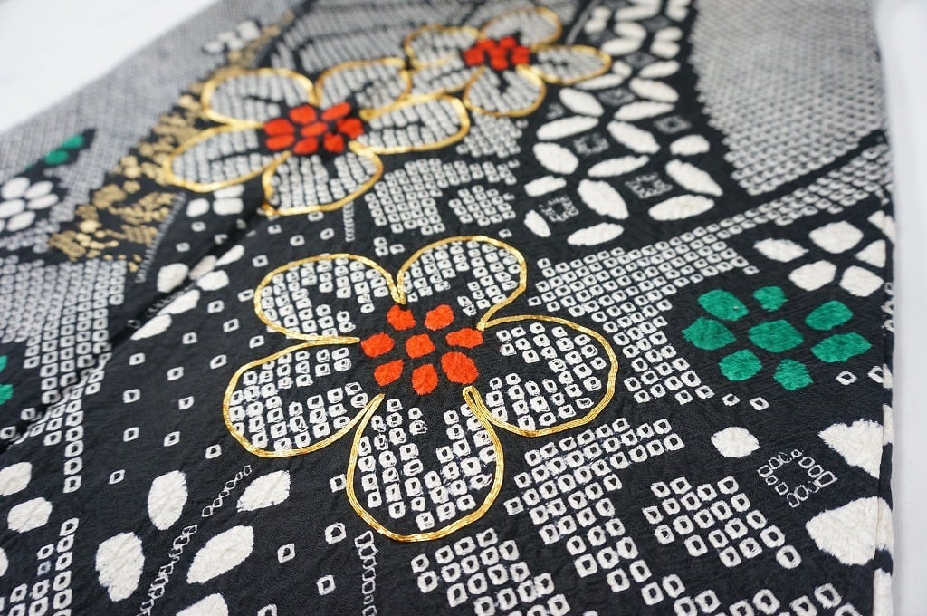 総絞り 帯セット 金駒刺繍 振袖 京鹿の子絞り 正絹 黒 白 赤 緑 026 ...