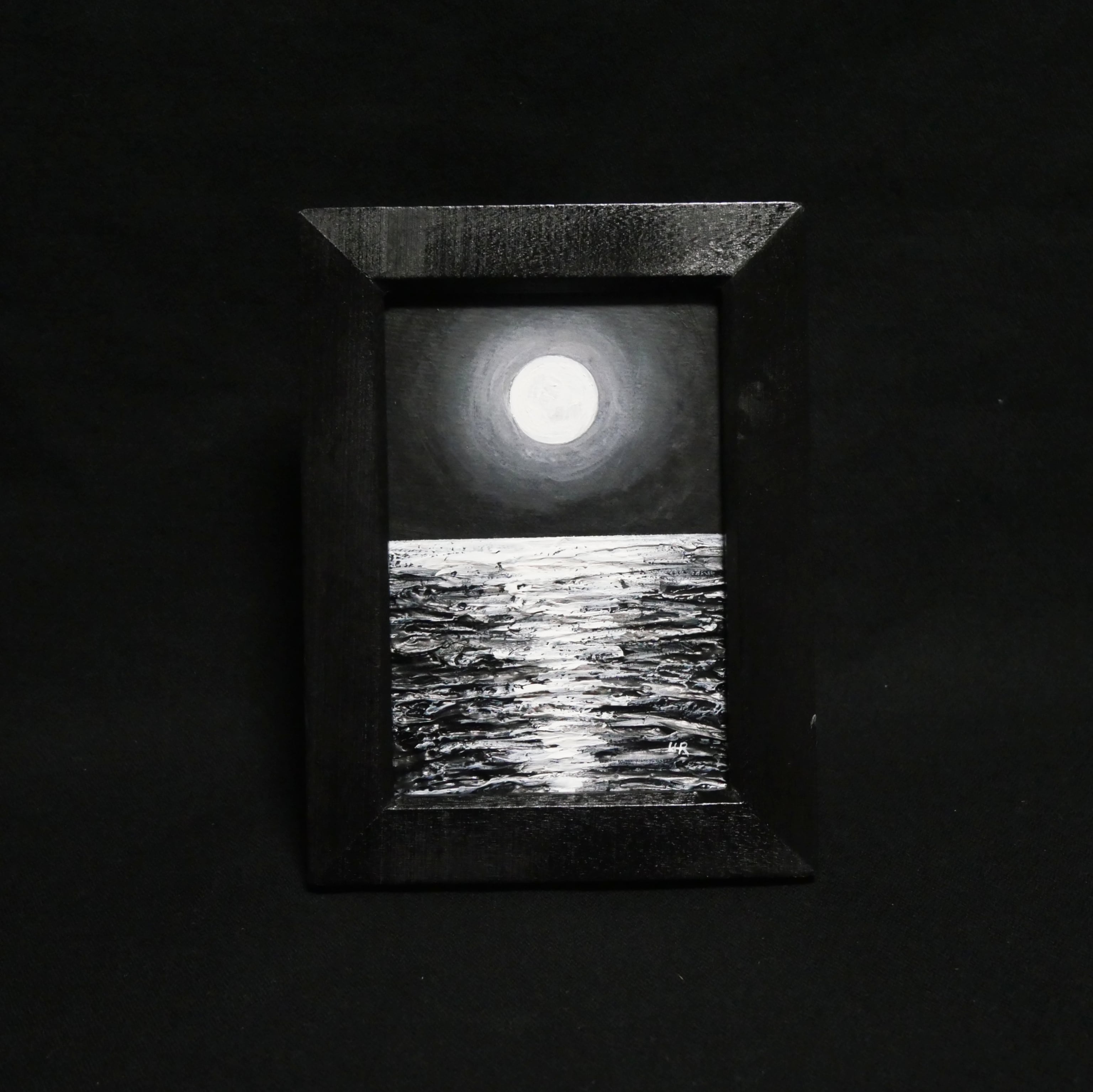 夏の夜海】油絵 原画『水面の記憶』ミニ絵画 額縁付／月夜の海 涼しげ