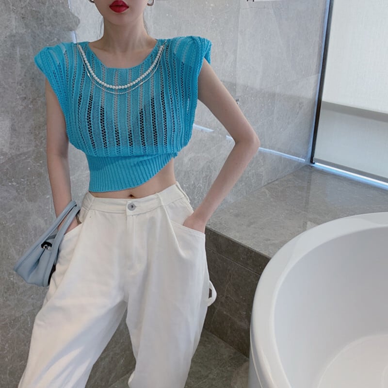 薄手ニットセーター サマーレッドノースリーブチェーン ショートトップス 夏物 ガールズファッション27447392164