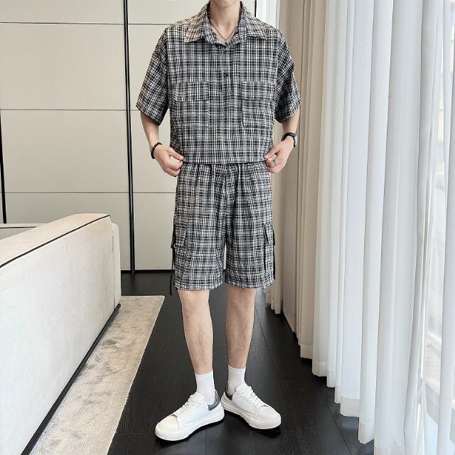 【予約販売】メンズ セットアップ 上下 ハーフパンツ 半袖シャツ チェック柄 モノトーン ブラック カジュアル 春夏 M/L/XL/2XL/3XL