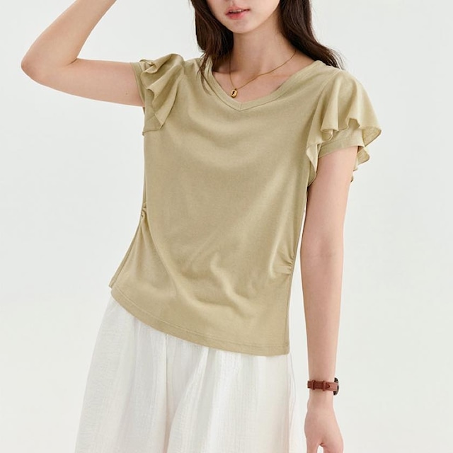 V-neck frill-sleeve cutsew